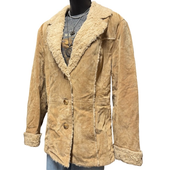 VINTAGE Penny lane meets Y2K Grunge 70's Leather faux Sherpa Fur Coat - XL Tan - Picture 2 of 9